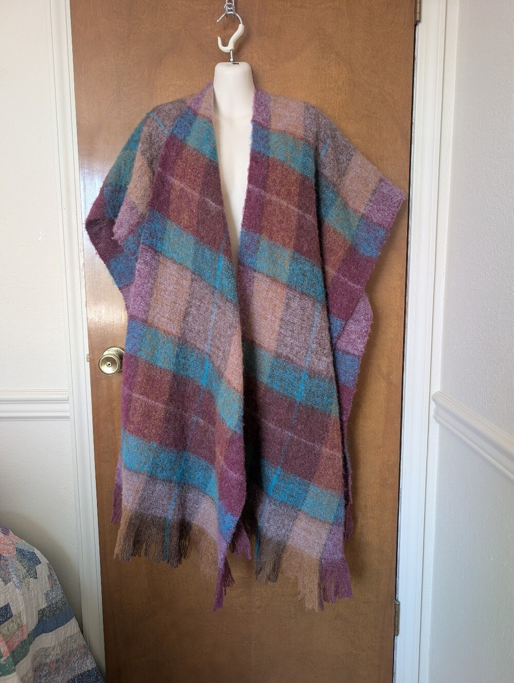 Vintage Elwin Maroon Red Pink Teal Plaid Wool Blend Fringe Scarf Wrap Shawl